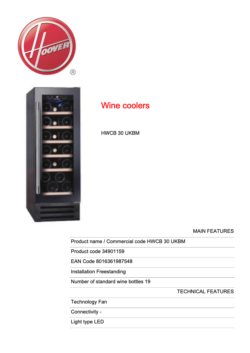 Page n°1 - Fiche technique Hoover HWCB 30 UKBM