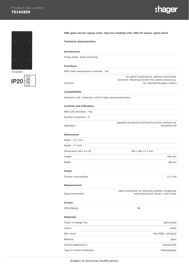Page n°1 - Fiche technique Hager 75142835