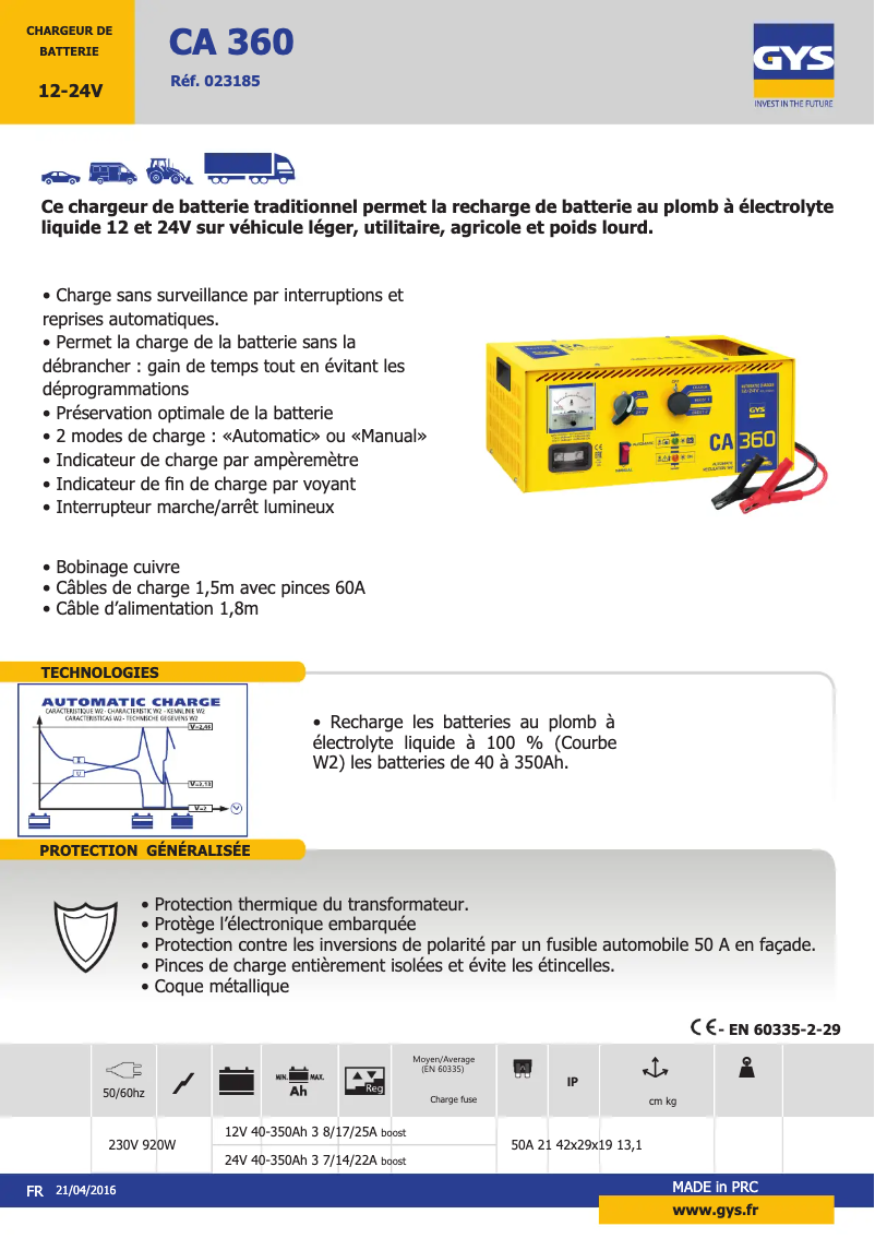Page 1 de la notice Fiche technique GYS CA 360