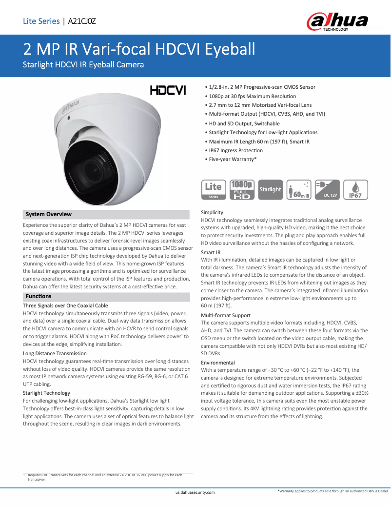 Page 1 de la notice Fiche technique Dahua Technology A21CJ0Z