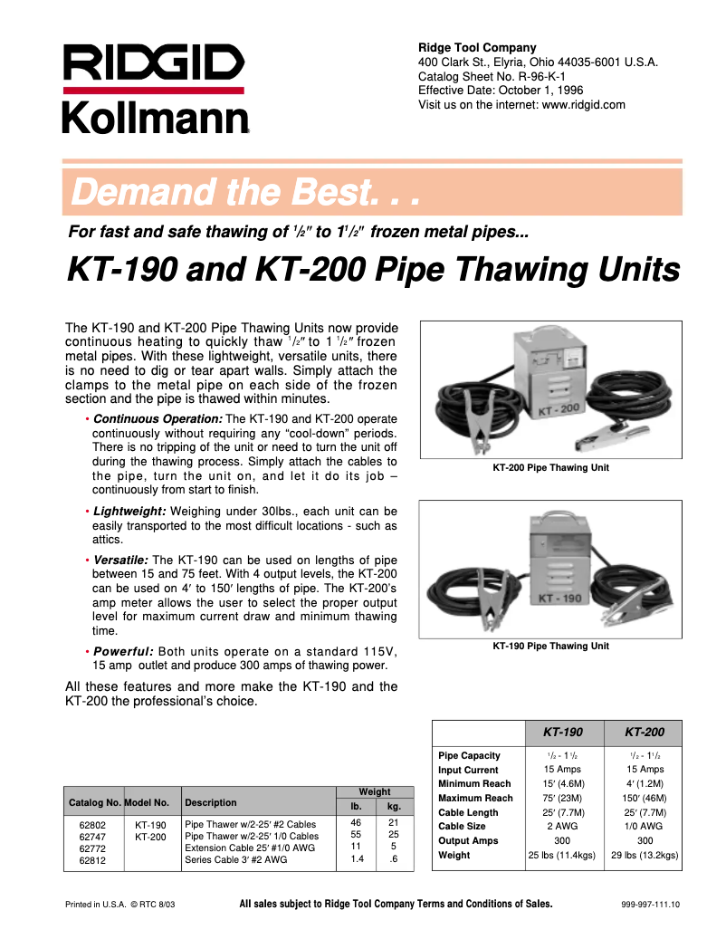 Page 1 de la notice Catalogue Ridgid KT-190