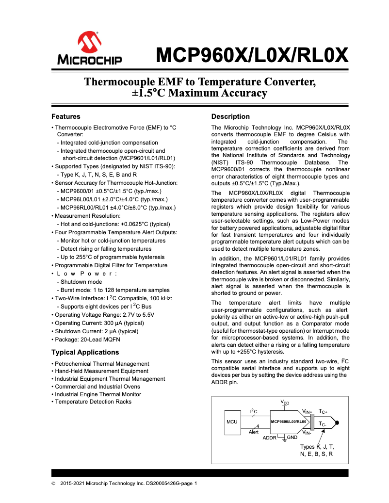 Page 1 de la notice Fiche technique Microchip MCP9600