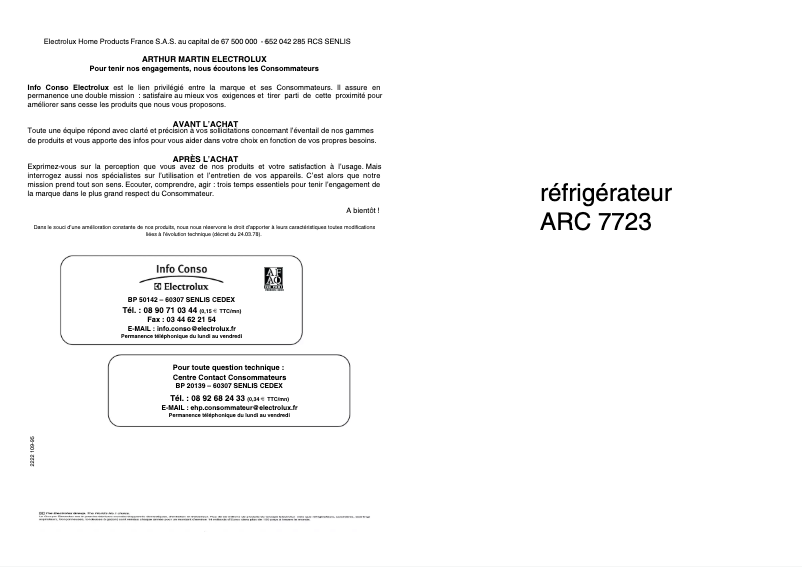 Page n°1 - Manuel utilisateur Arthur Martin-Electrolux ARC7723