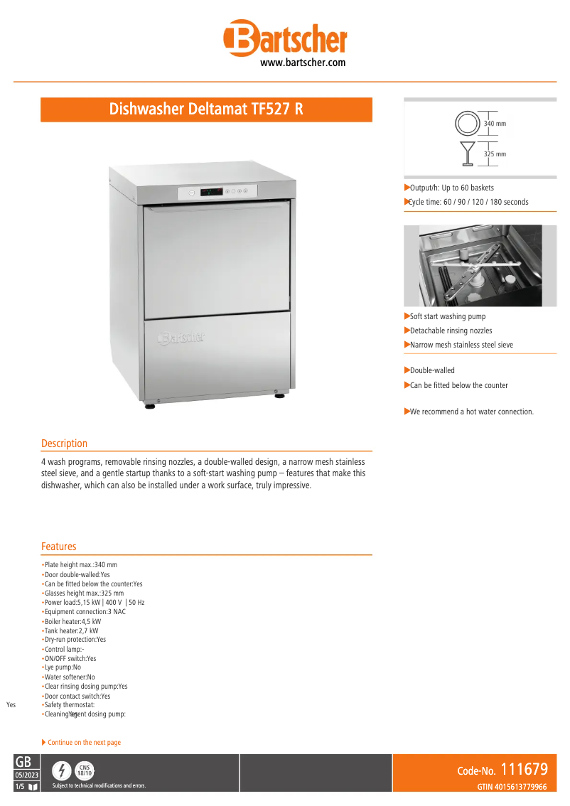 Page n°1 - Fiche technique Bartscher TF527