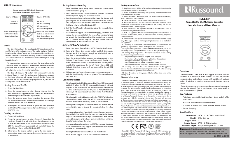 Page n°1 - Manuel utilisateur Russound CA4-KP
