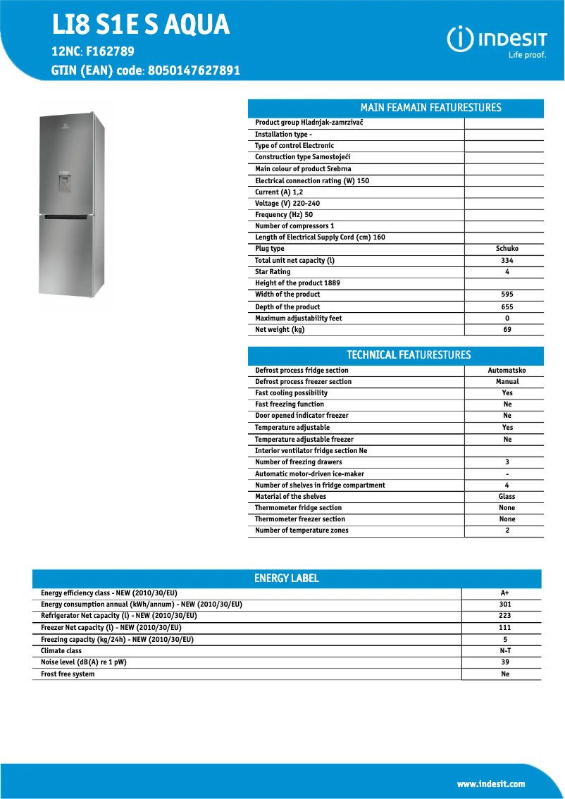 Página 1 del manual Ficha técnica Indesit LI8 S1E S AQUA