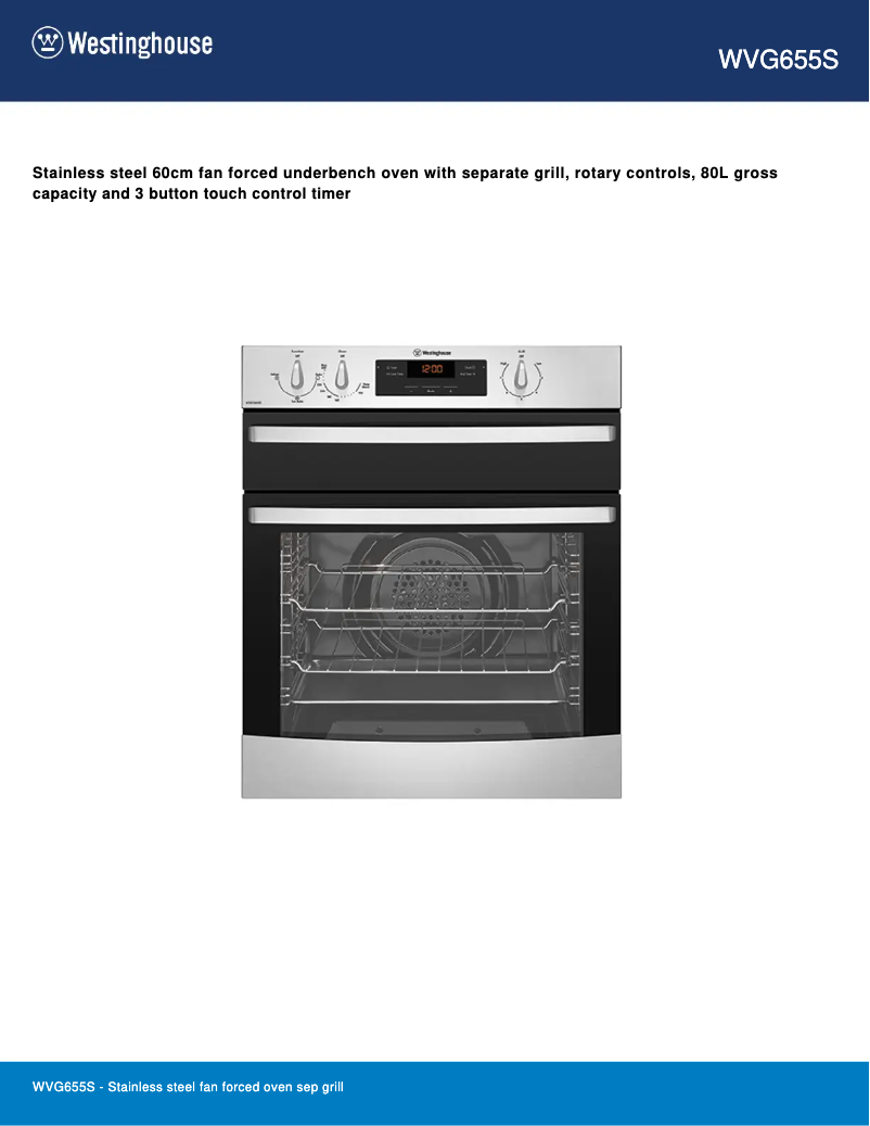 Page 1 de la notice Fiche technique Westinghouse WVG655S
