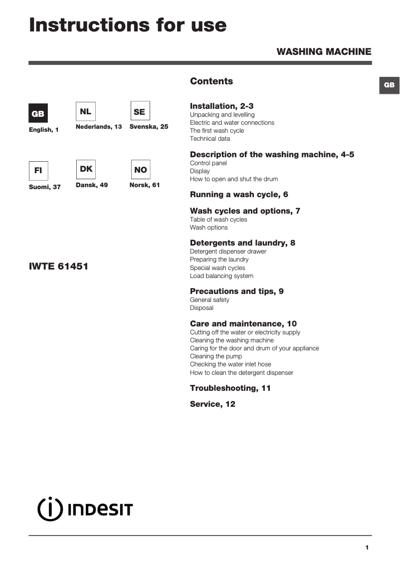 Page 1 de la notice Manuel utilisateur Indesit IWTE 61451 ECO EU