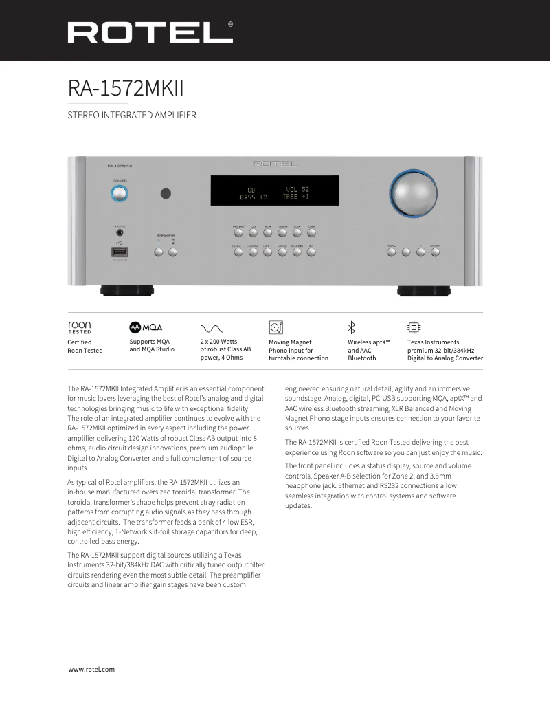 Page n°1 - Fiche technique Rotel RA-1572 MKII