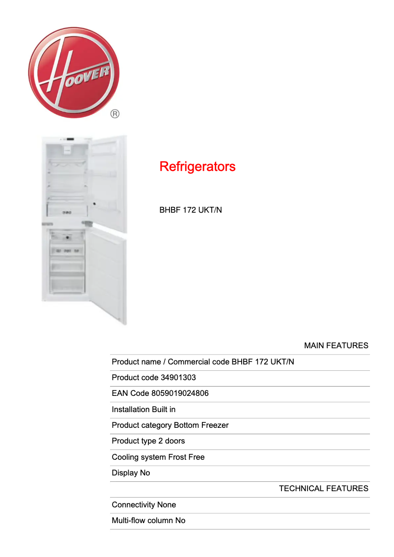 Page n°1 - Fiche technique Hoover BHBF 172 UKT/N