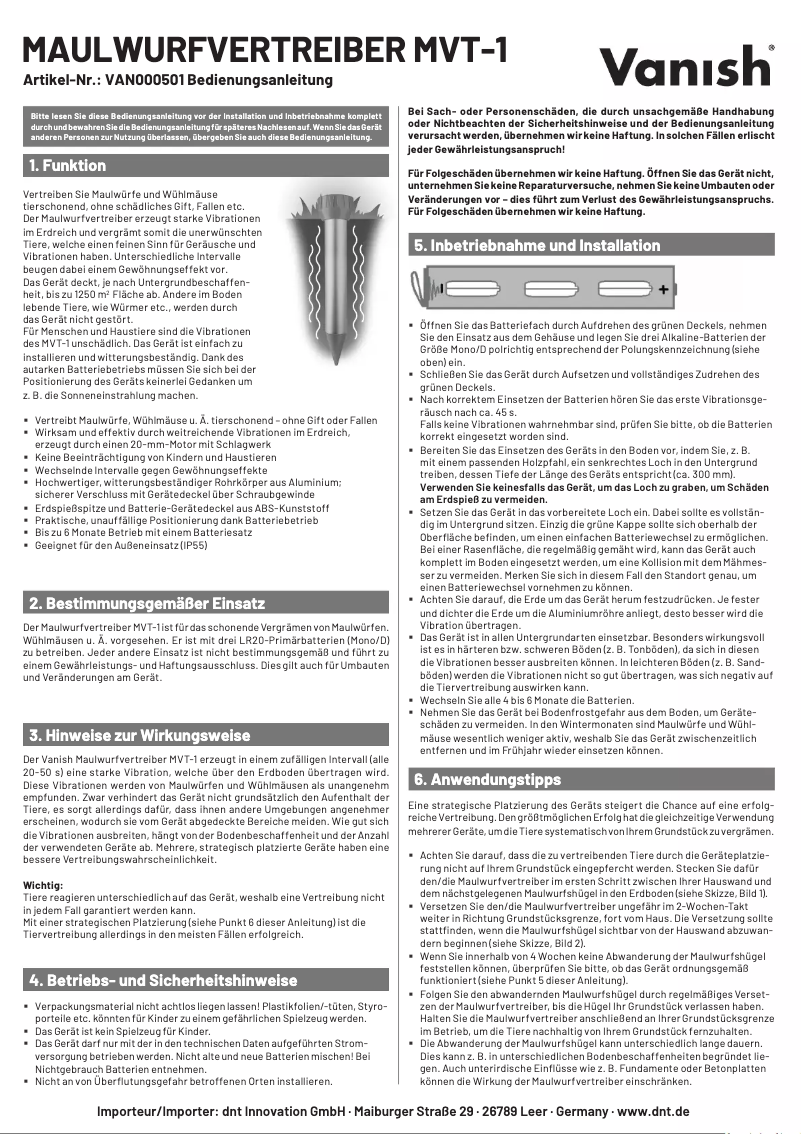 Page n°1 - Manuel utilisateur Vanish MVT-1