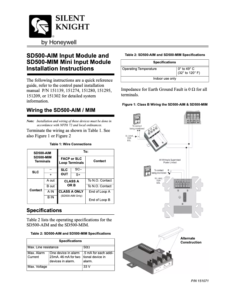 Page 1 de la notice Manuel utilisateur Silent Knight SD500-AIM