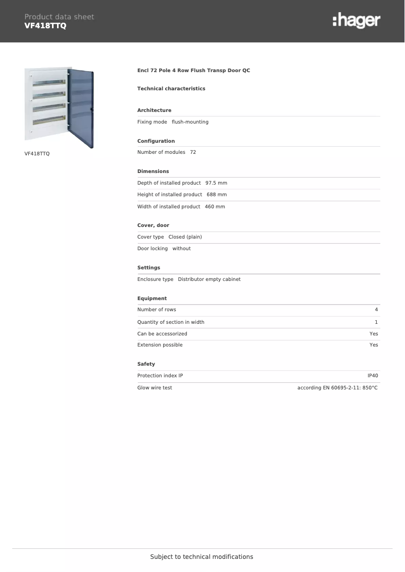 Page n°1 - Fiche technique Hager VF418TTQ