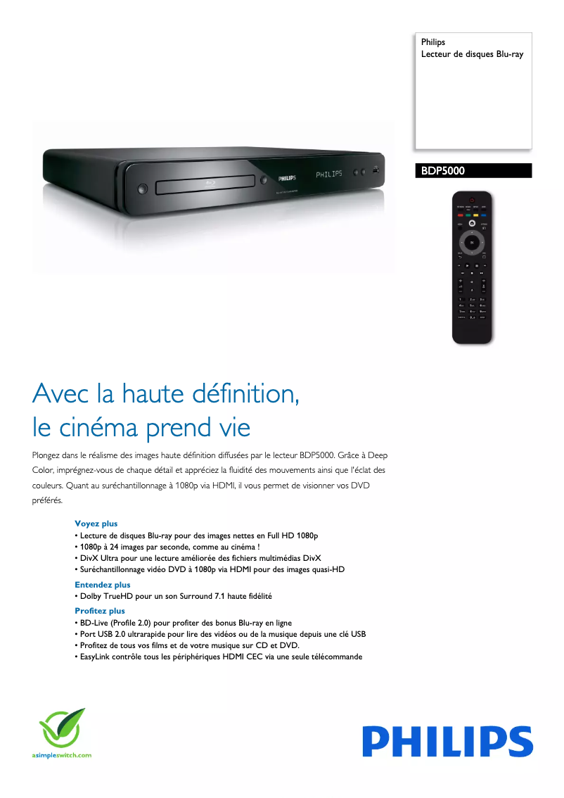 Page 1 de la notice Fiche technique Philips BDP5000