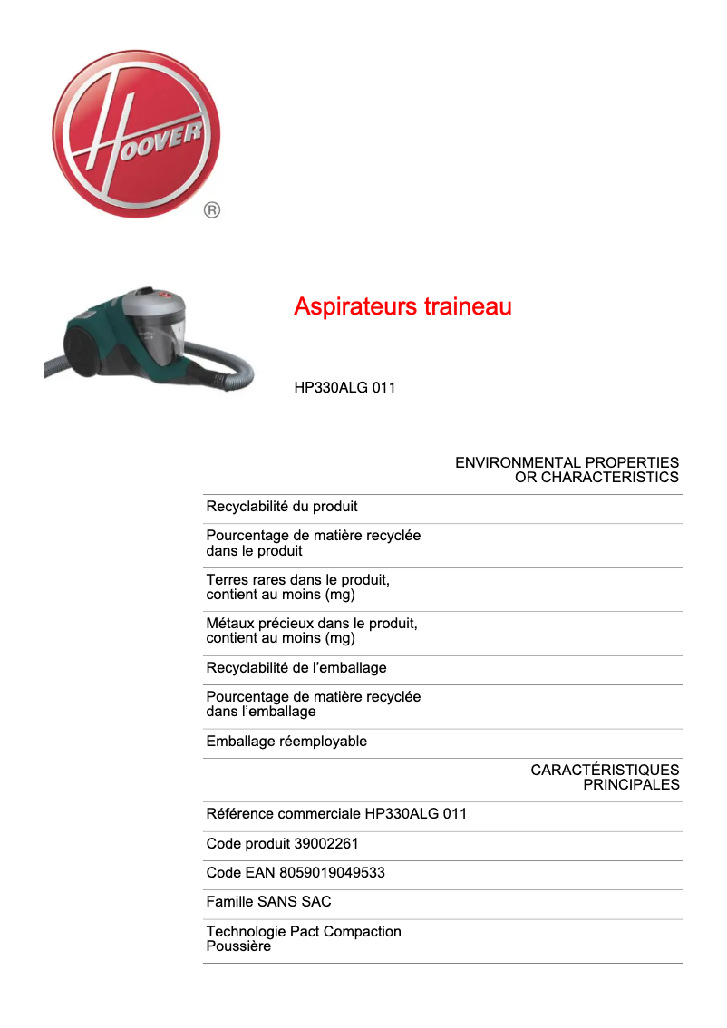 Page 1 de la notice Fiche technique Hoover H-POWER 300 HP330ALG 011