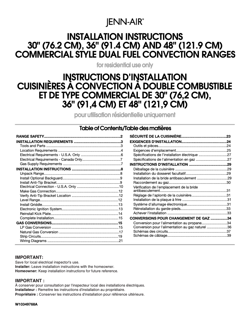 Page n°1 - Guide d'installation JennAir JDRP436WP