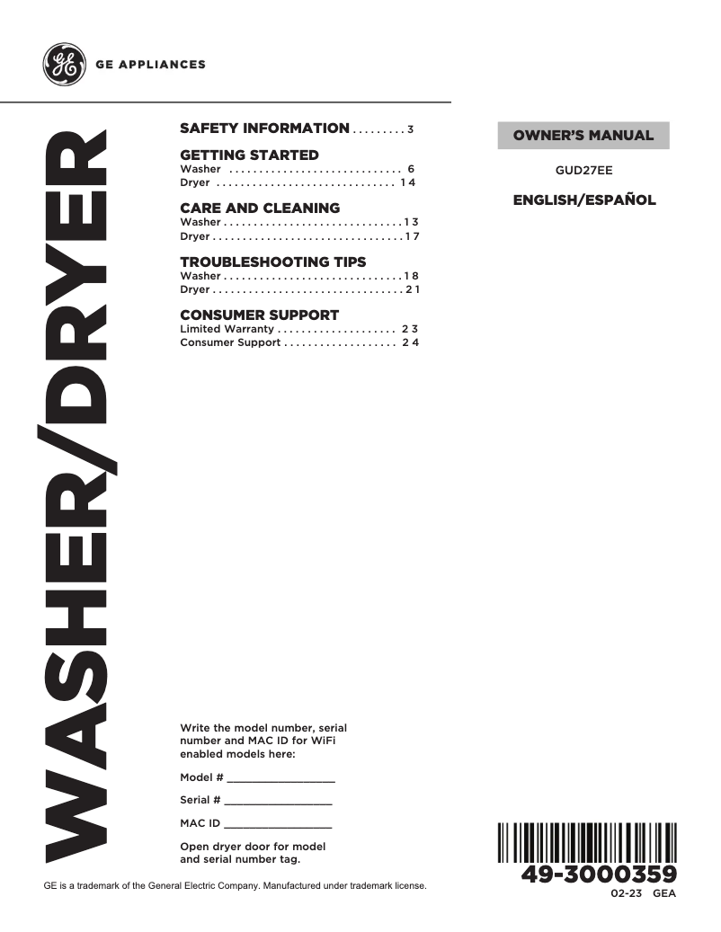 Page n°1 - Manuel d'utilisation et d'entretien GE GUD27EESNWW