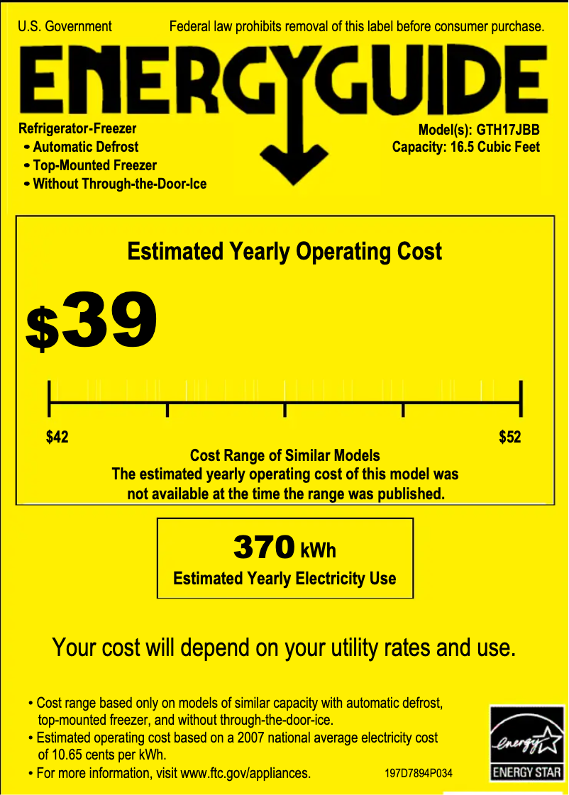 Page 1 de la notice Label énergétique GE GTH17JBBWW