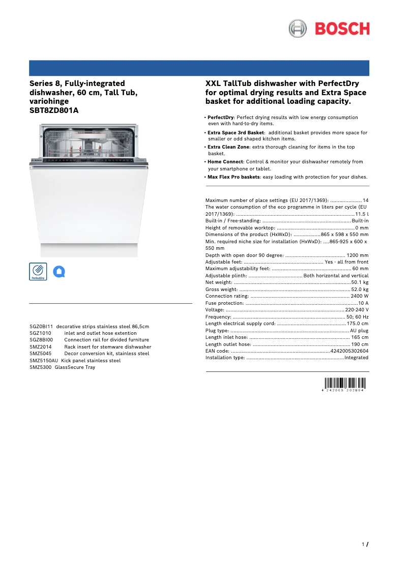 Página 1 del manual Ficha técnica Bosch SBT8ZD801A