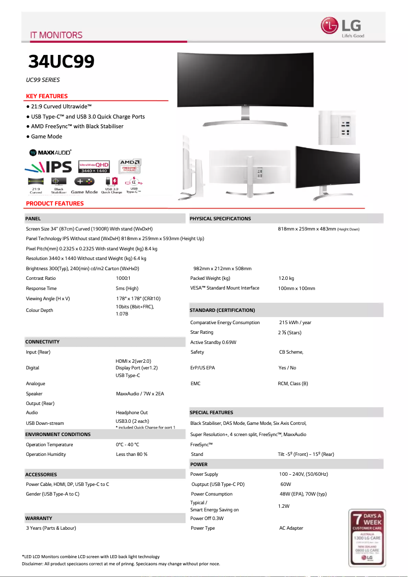 Page 1 de la notice Fiche technique LG 34UC99-W