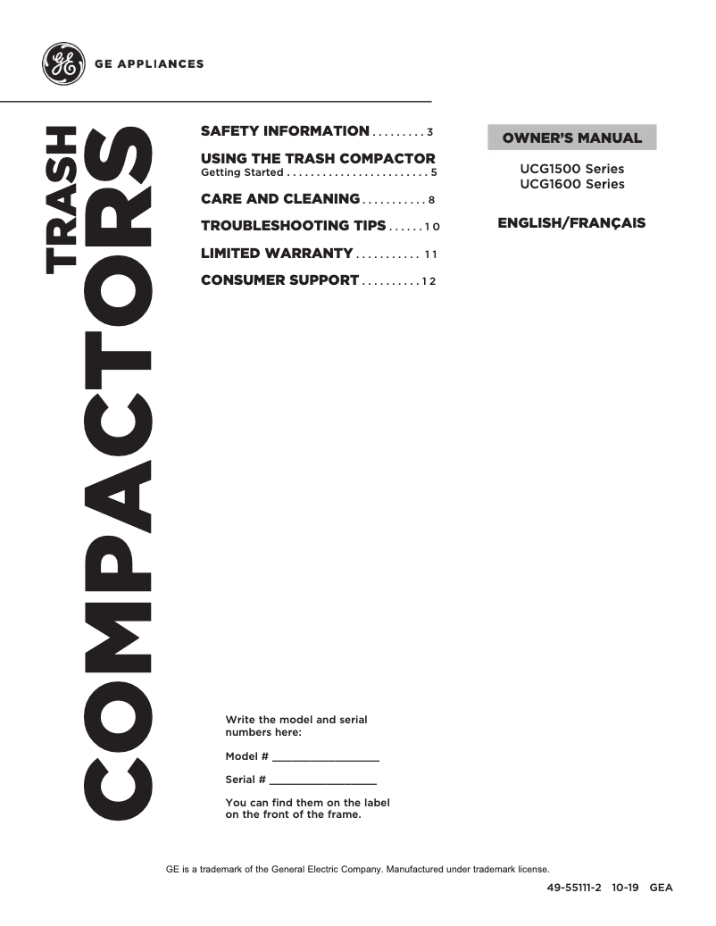 Page 1 de la notice Manuel utilisateur GE UCG1500NWW