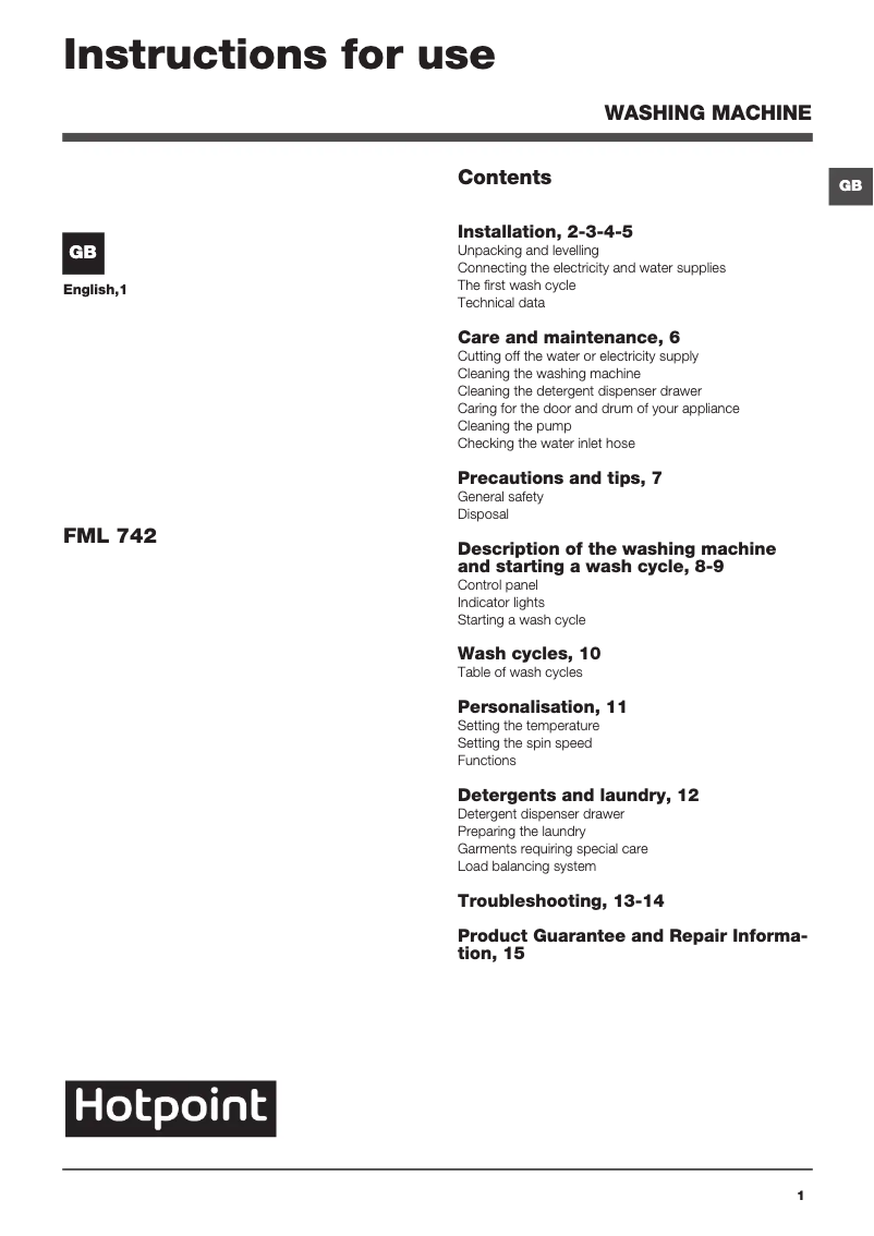 Page n°1 - Manuel utilisateur Hotpoint FML 742P UK