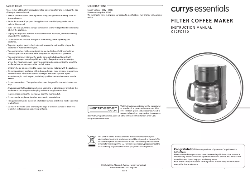 Page n°1 - Manuel utilisateur Currys Essentials C12FCB10