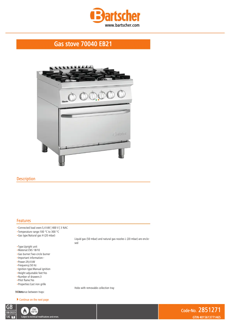 Page 1 de la notice Fiche technique Bartscher 2851271