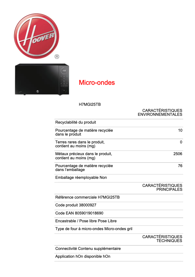 Page 1 de la notice Manuel utilisateur Hoover H7MGI25TB