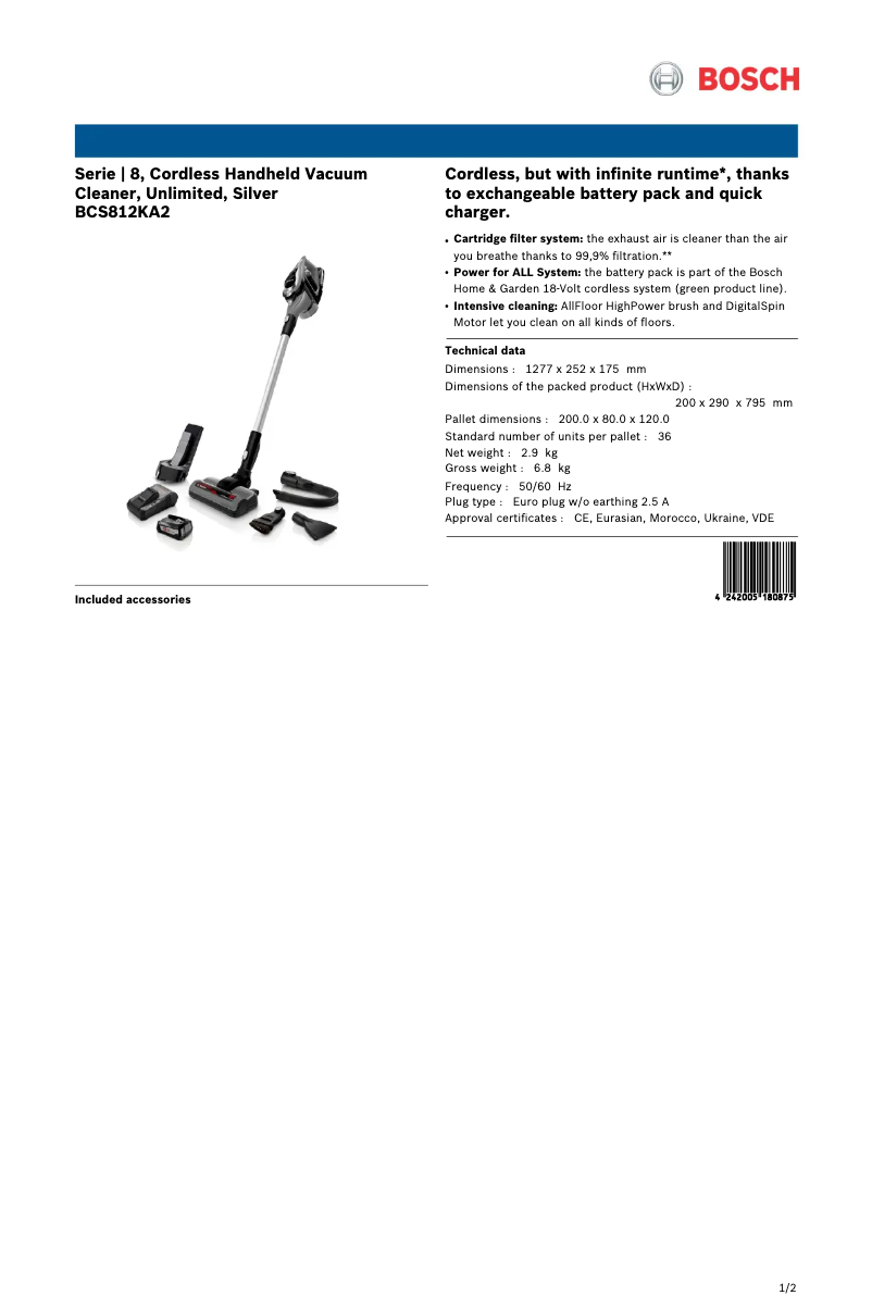 Page n°1 - Fiche technique Bosch BCS812KA2