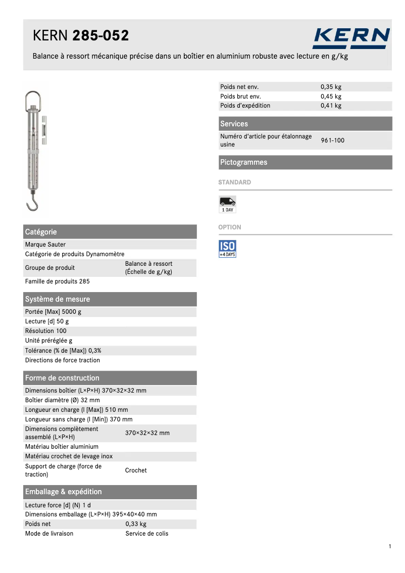 Page 1 de la notice Fiche technique Kern 285-052
