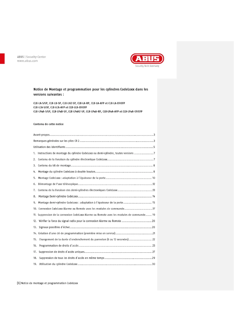 Image de la première page du manuel de l'appareil CodeLoxx