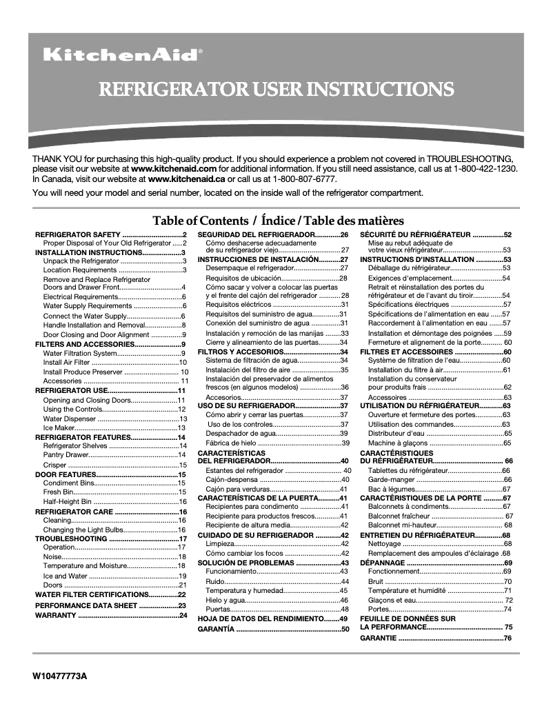 Page n°1 - Manuel utilisateur KitchenAid Architect KFFS20EYMS