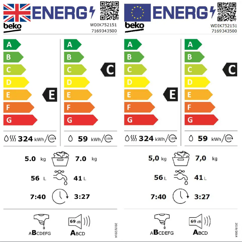 Page 1 de la notice Label énergétique Beko WDIK752151