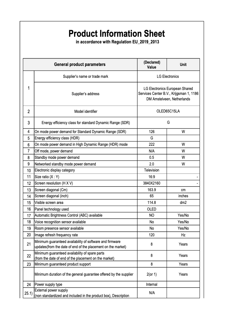 Page 1 de la notice Fiche technique LG OLED65C15LA