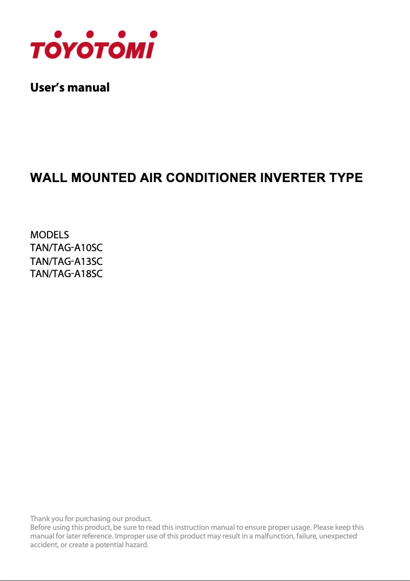 Page 1 de la notice Manuel utilisateur Toyotomi TAN/TAG-A10SC