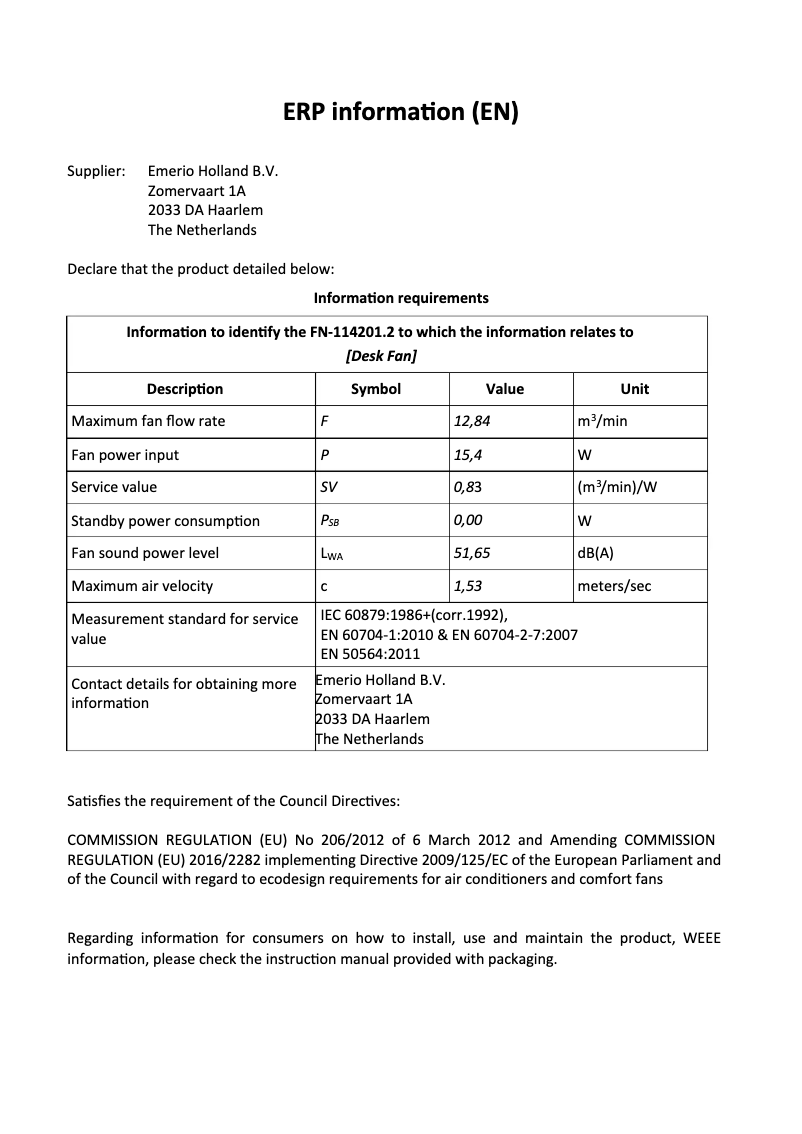 Page 1 de la notice Fiche technique Emerio FN-114201.2