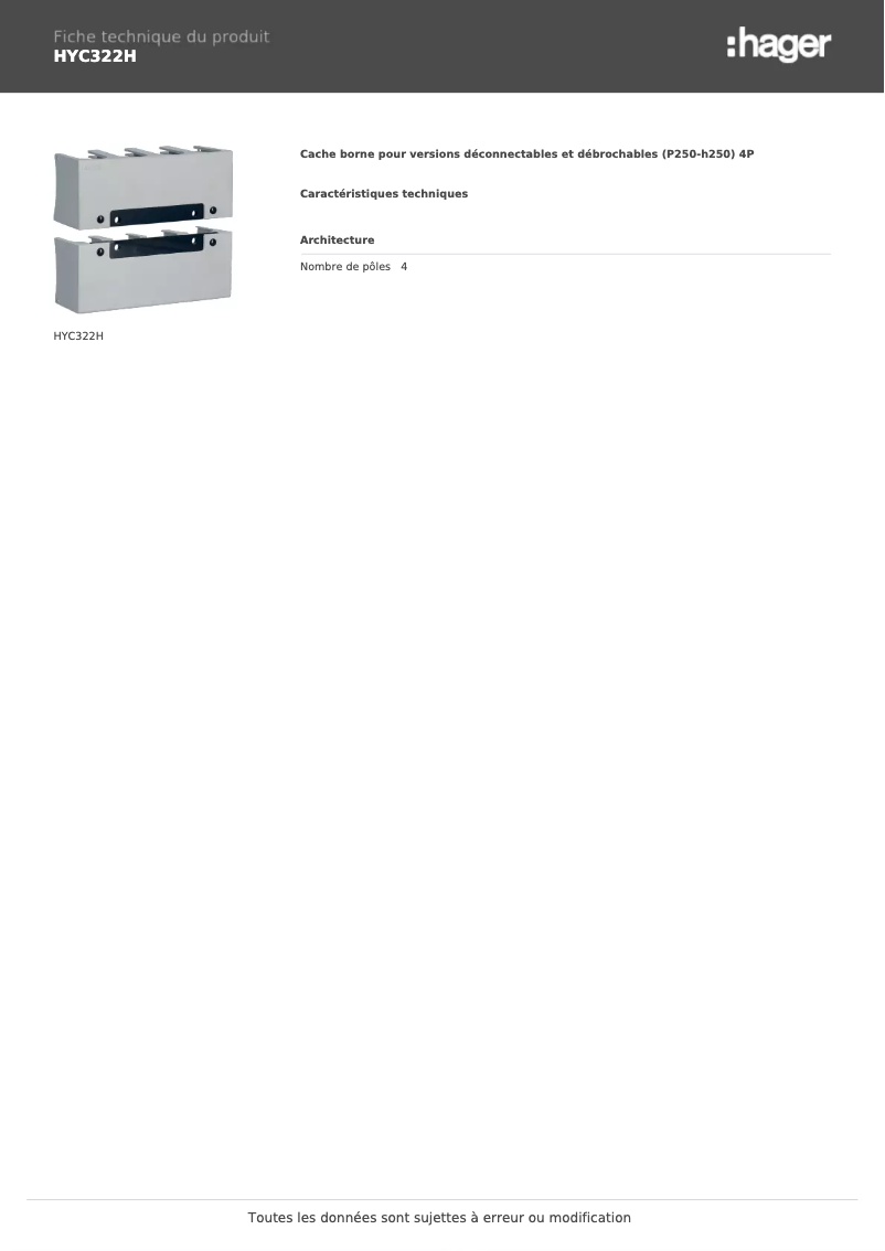 Page 1 de la notice Fiche technique Hager HYC322H