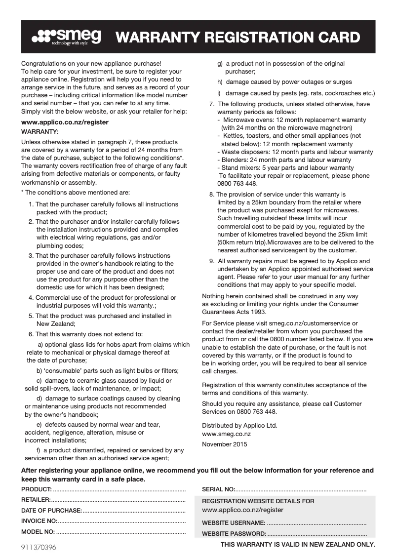 Page 1 de la notice Informations de garantie Smeg CIR66XS3