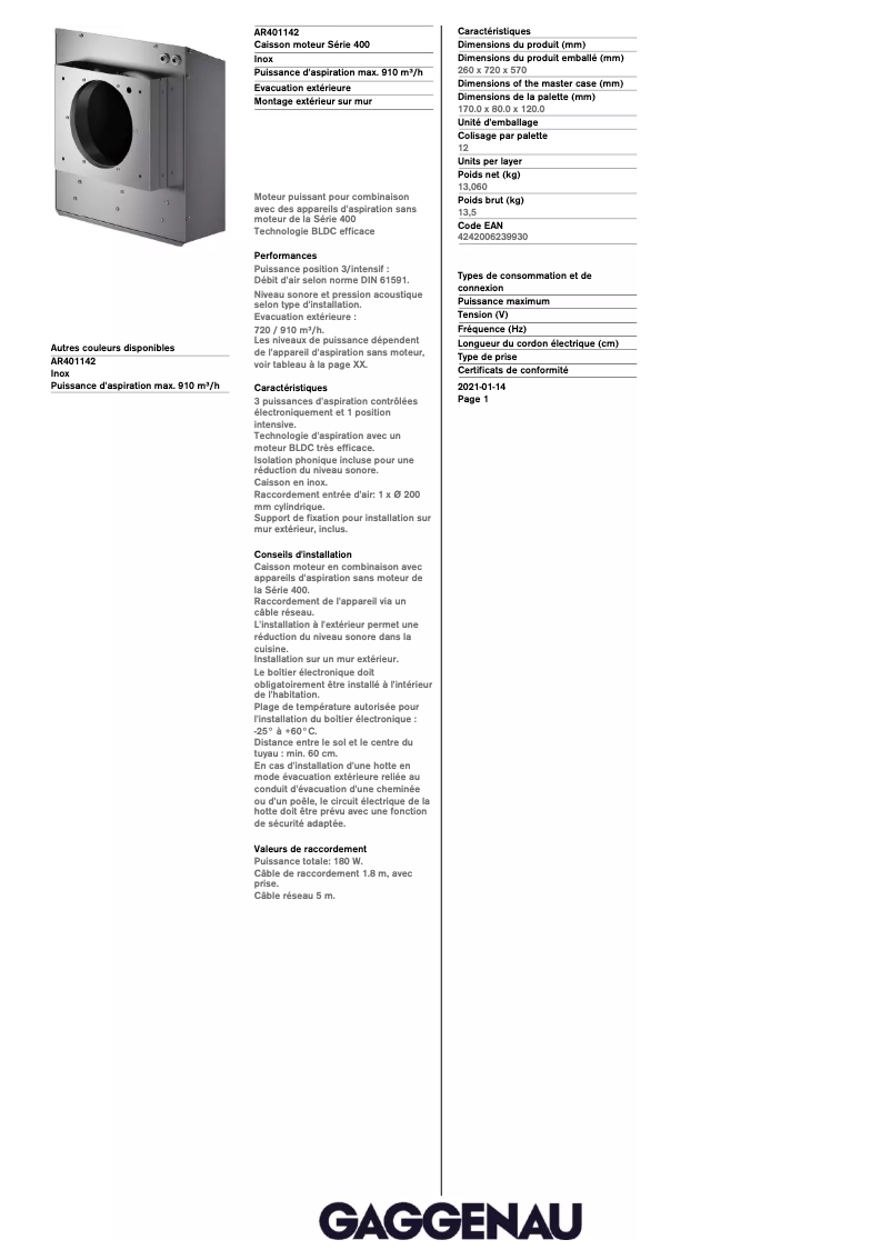 Page 1 de la notice Fiche technique Gaggenau AR401142