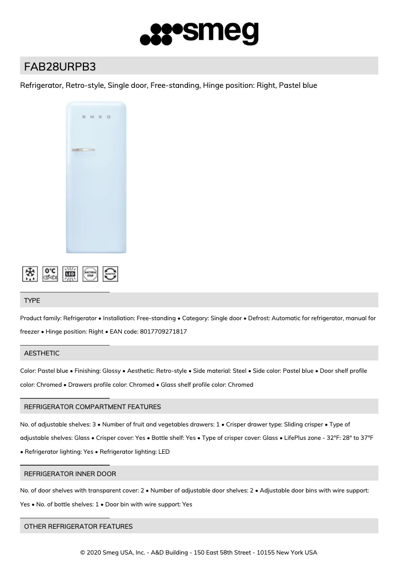 Page n°1 - Fiche technique Smeg FAB28URPB3