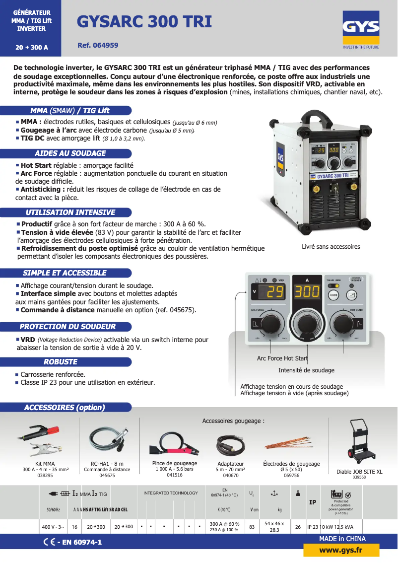 Page 1 de la notice Fiche technique GYS Gysarc 300 TRI