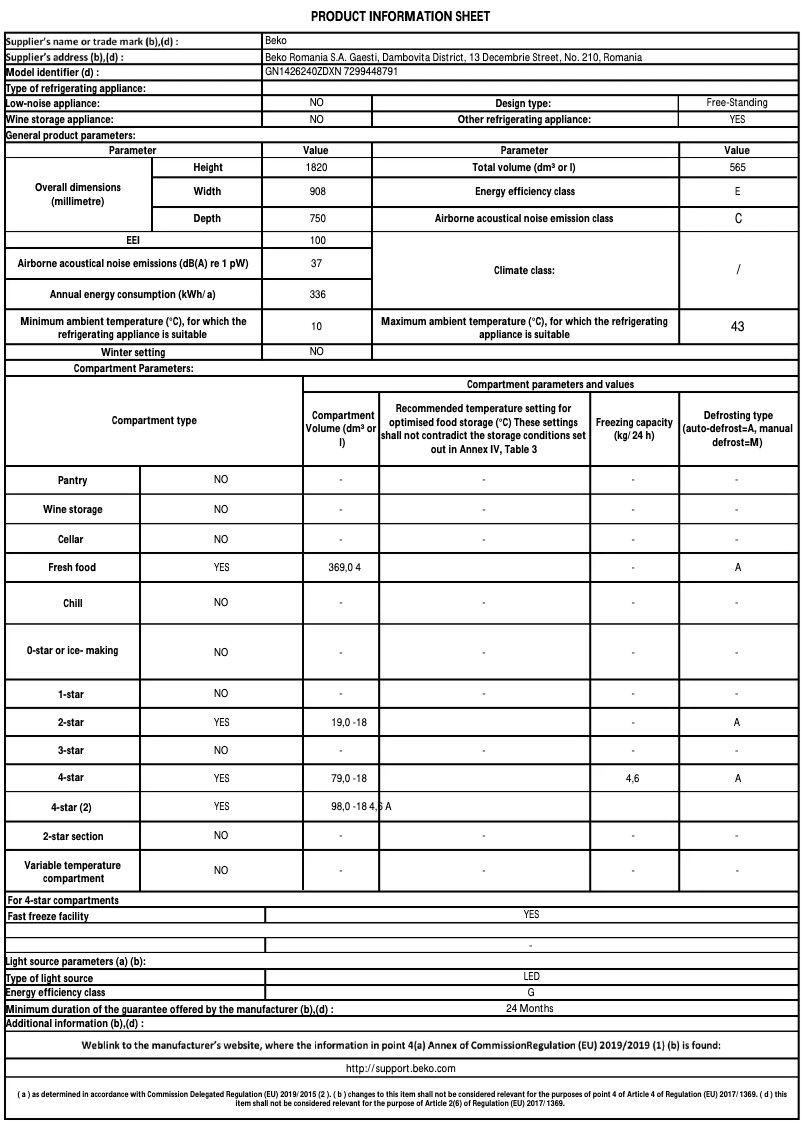 Page 1 de la notice Fiche technique Beko GN1426240ZDXN