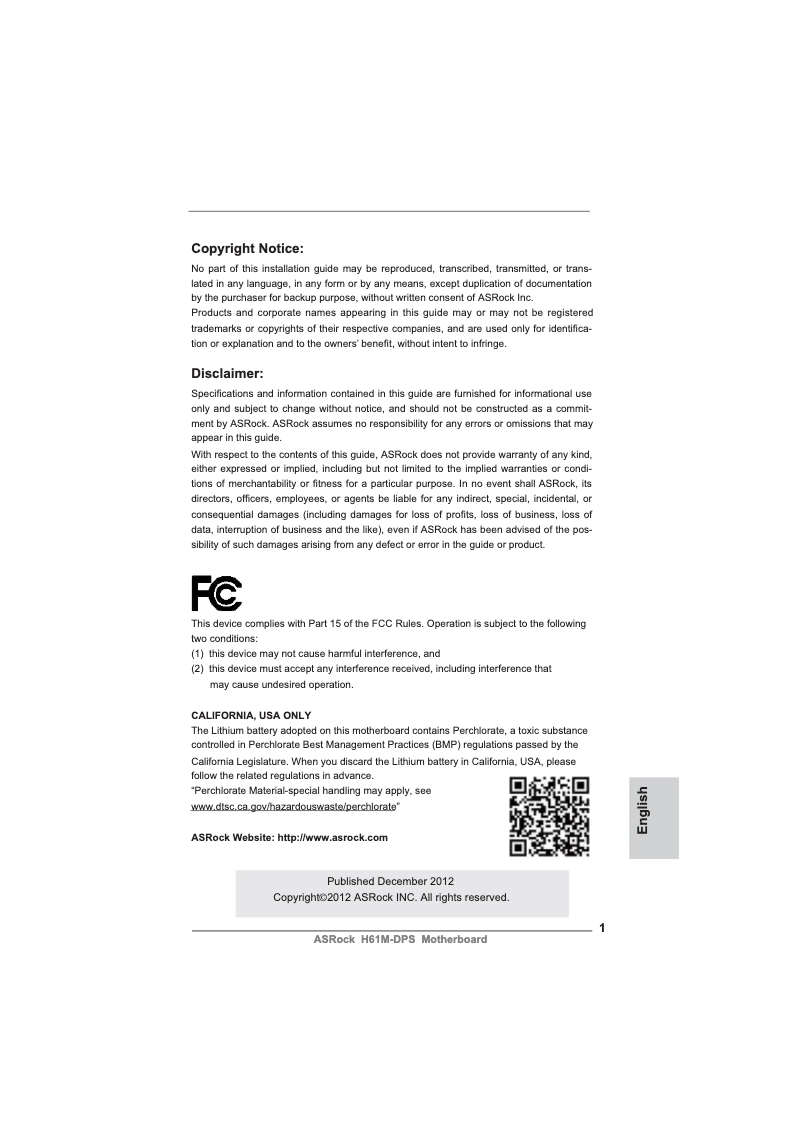 Page n°1 - Manuel utilisateur Asrock H61M-DPS