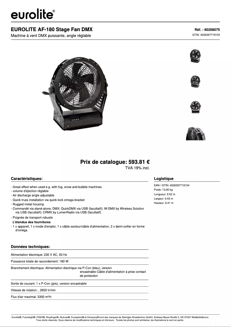 Page 1 de la notice Fiche technique Eurolite AF-180