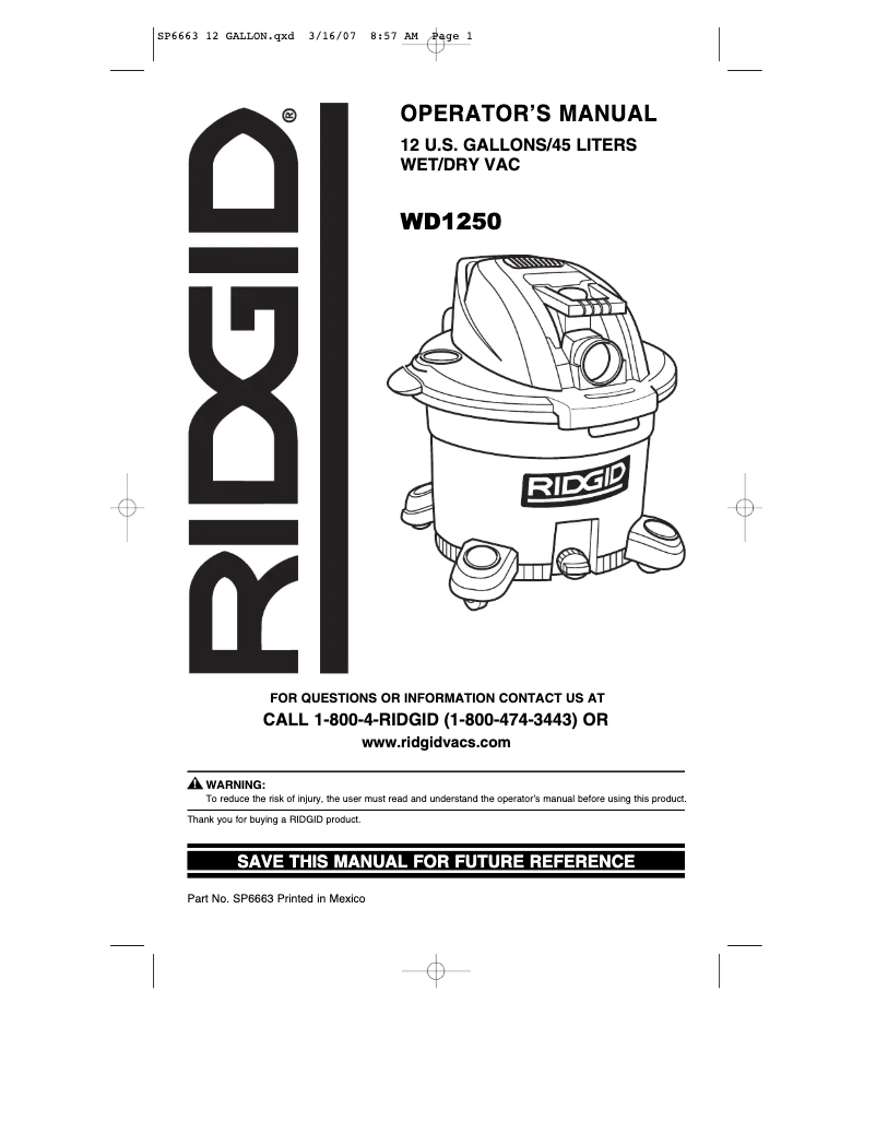 Page n°1 - Manuel utilisateur Ridgid WD1250