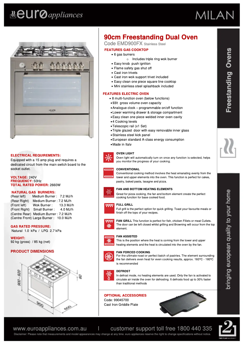 Page 1 de la notice Fiche technique Euro Appliances EMD900FX