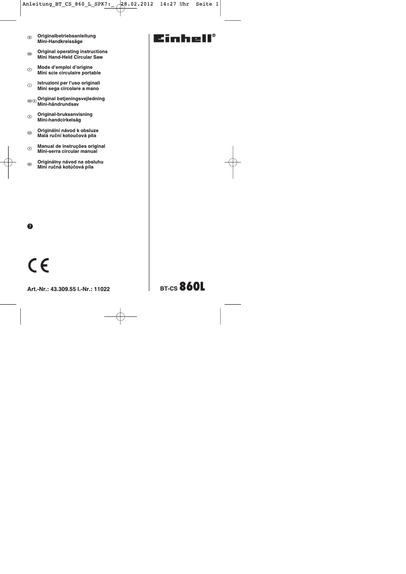 Page 1 de la notice Mode d'emploi Einhell BT-CS 860 L