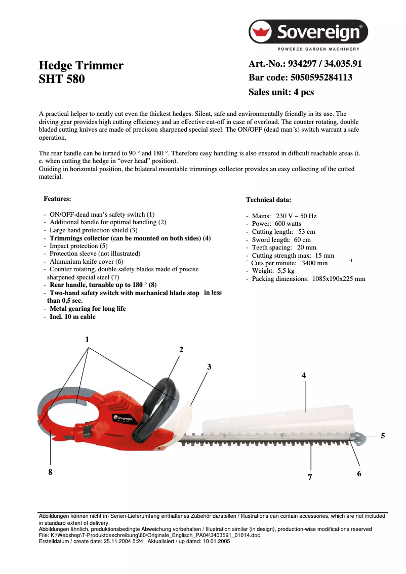 Página 1 del manual Ficha técnica Sovereign SHT 580