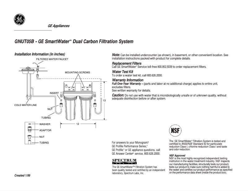 Page 1 of the manual Technical Sheet GE GNUT05B